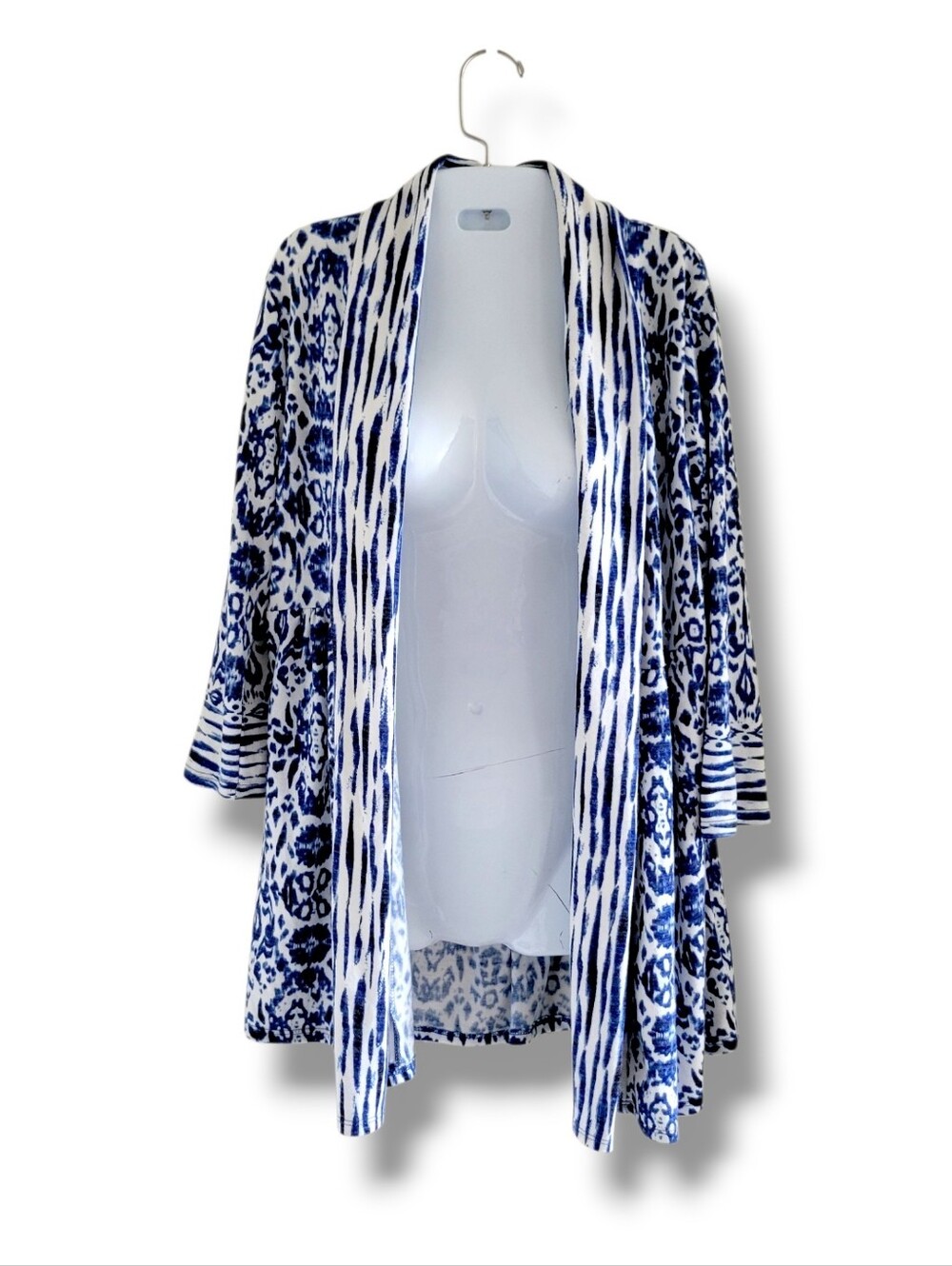 Dalia | Cute Blue/White Boho 3/4 Sleeve Open Front Cardigan (SIZE M)